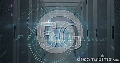 5g text, cyber security data processing and cloud icon against empty computer server room Stock Photo
