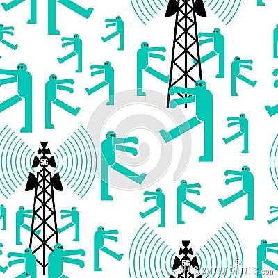 5G tower chipping population pattern seamless. Conspiracy theory ornament. Zombies walk around cell tower texture. TV and radio Vector Illustration