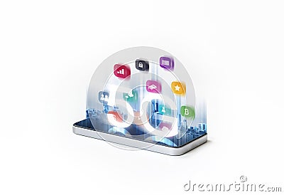 5G wireless high speed internet network on mobile smart phone and application technology Stock Photo