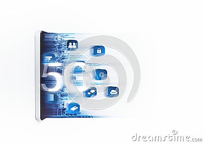 5G wireless high speed internet network on mobile smart phone and application technology Stock Photo