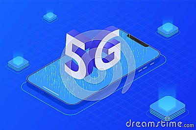 5G wireless network technology vector illustration, big letter 5G and smartphone isometric, mobile internet concept, digital servi Vector Illustration