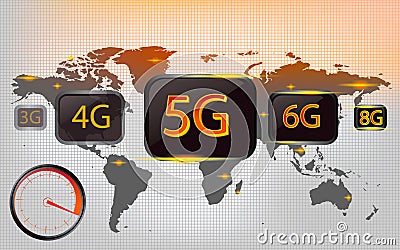 5G, 4G, 3G, 6G, 8G, with world map connectivity, digital display , Business technology concepts Vector illustrations Cartoon Illustration