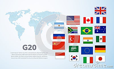 G20 world map countries infographic. Saudi Arabia Turkey Brazil european G20 country flag. Vector Illustration