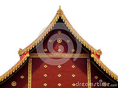 Gable apex on temple roof or Isosceles of Wood Church decorate with gold color in Thailand Temple, Isolated on white background. Stock Photo