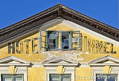 Gable of the ruin of an old station hotel Editorial Stock Photo