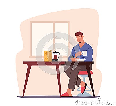 Gadget Addiction, Cellphone Communication. Young Man or Teenager Having Breakfast with Smartphone in Hands Write Message Vector Illustration