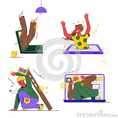 Gadget addiction concept set. People addicted to phone, laptop, tablet Vector Illustration