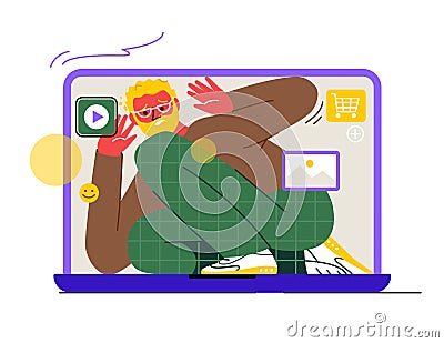 Gadget addiction concept. Unhappy man trapped in cage inside laptop Vector Illustration
