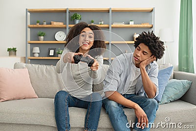 Gadget addiction, emotion and fatigue at home Stock Photo