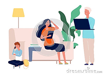 Gadget addiction. Family with laptop, tablet and smartphone. Parents and child spend time on Internet vector Vector Illustration