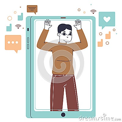 Gadget addiction, guy addicted to smartphone. Social media addiction, male character stuck in mobile phone screen flat vector Vector Illustration