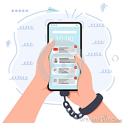 Gadget addiction hand and smartphone Iron chain social problem Vector Illustration