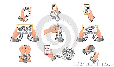 Gadget addiction iron chain that ties together hand and smartphone in concept of social media Vector Illustration