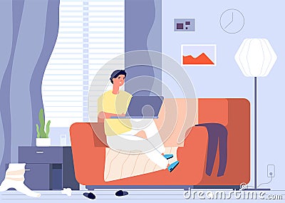 Gadget addiction. Man with laptop and room chaos. Freelancer works in dirty home. Male communicates on internet vector Vector Illustration