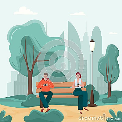 Gadget addiction, man and woman on the park bench dependent on smartphones. People glued to a screen, focusing on mobile device, Vector Illustration