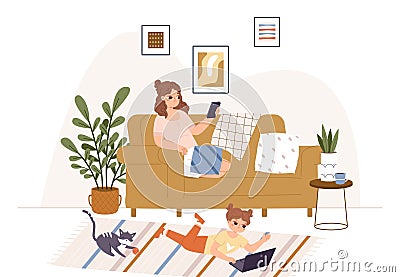 Gadget addiction. Mother and child using gadgets. Tired adult and little toddler with smartphone and laptop. Cute girls Vector Illustration