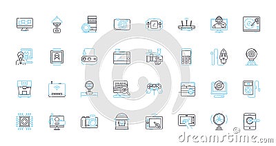 Gadget assistance linear icons set. troubleshooting, support, repair, maintenance, setup, installation, optimization Vector Illustration