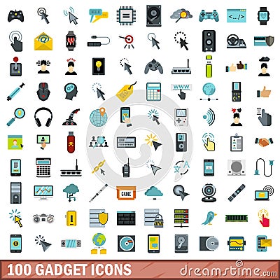 100 gadget icons set, flat style Vector Illustration