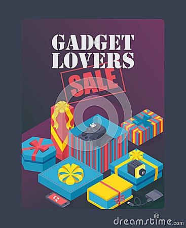 Gadget lovers sale poster, vector illustration. Expensive gifts in decorative boxes, birthday present package. Digital Vector Illustration