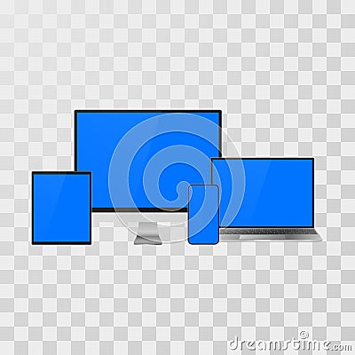 Gadget set mock up. Realistic devices laptop and monitor, mobile phone and tablet for your banner and presentation. Vector Vector Illustration