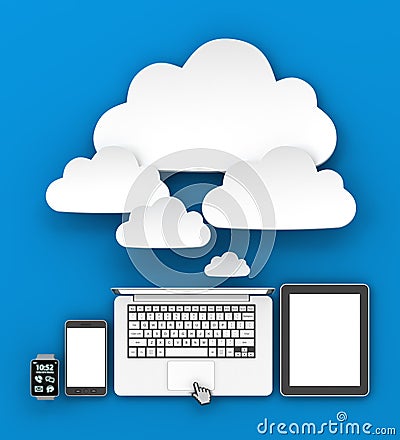 Gadgets connecting to cloud with copyspace, 3d Stock Photo