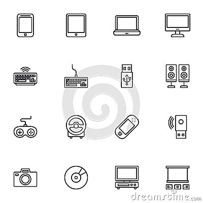 Gadgets, electronic devices line icons set Vector Illustration