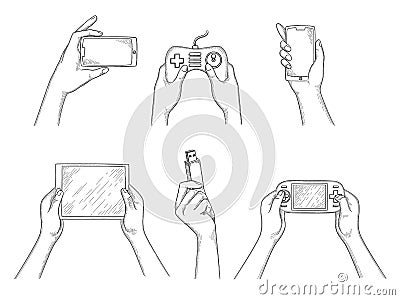 Gadgets in hands. Smart digital mobile devices in human hands holding smartphone laptop tablet pc video cameras vector Vector Illustration