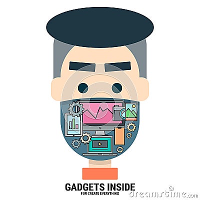 Gadgets INSIDE my face - flat design vector illustration Vector Illustration