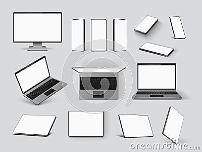 Gadgets mockups. Realistic laptop, mobile phone, computer monitor screen and tablet in front, angle and top view. 3d smart device Vector Illustration