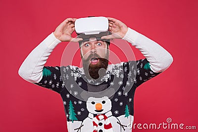 Gadgets review. Techno blogger. Bearded hipster play game vr. Merry christmas. Cyber gaming. Virtual achievement. Future Stock Photo