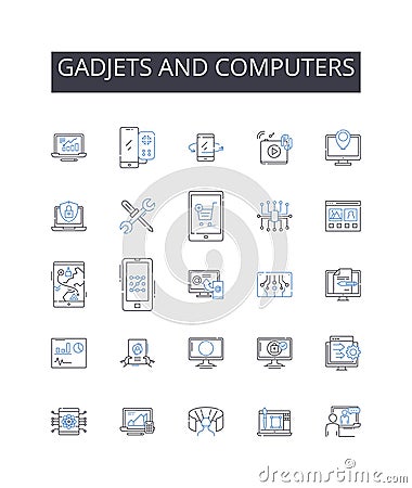 Gadjets and computers line icons collection. Devices, Hardware, Electronics, Tech, Gadgets, Machines, Equipment vector Vector Illustration