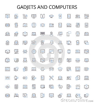 Gadjets and computers outline icons collection. Gadgets, Computers, Technology, Electronics, Hardware, Laptops, Desktops Vector Illustration