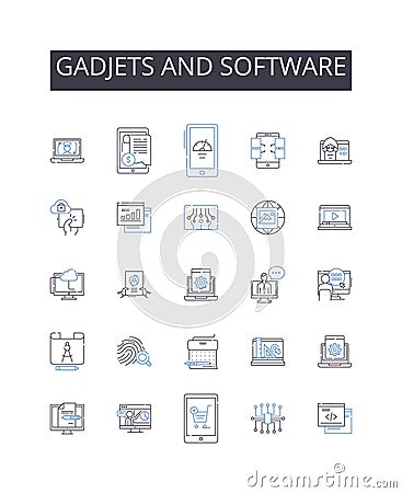 Gadjets and software line icons collection. Devices, Tools, Appliances, Programs, Applications, Utilities, Platforms Vector Illustration
