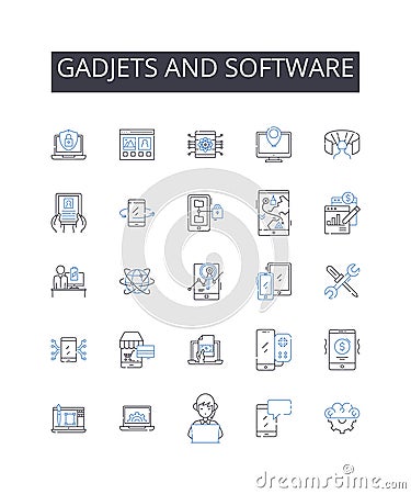 Gadjets and software line icons collection. Scanning, Conversion, Archiving, Restoration, Analysis, Visualization Vector Illustration