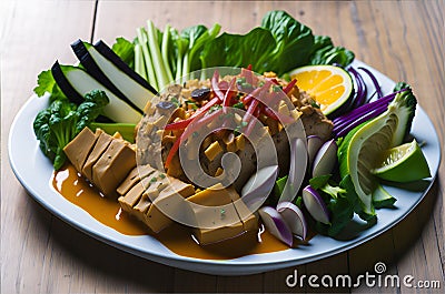 Gado Gado Salad Recipe with Fried Rice, Gado-gado vegan salad with cooked vegetables, tofu, and peanut sauce Stock Photo