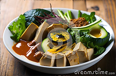 Gado-gado vegan salad with cooked vegetables, tofu, and peanut sauce Stock Photo