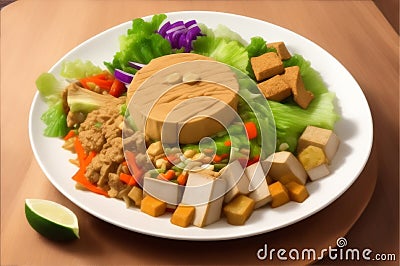 Gado-gado vegan salad with cooked vegetables, tofu, and peanut sauce Stock Photo