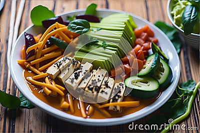 Gado-gado vegan salad with cooked vegetables, tofu, and peanut sauce Stock Photo