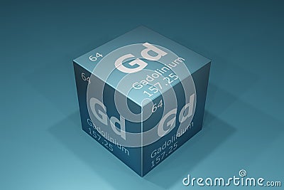 Gadolinium, 3D rendering of symbols of the elements of the periodic table, atomic number, atomic weight, name and symbol. Cartoon Illustration