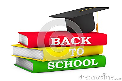 Gaduation Hat over Books with Back to School sign. 3d Rendering Stock Photo