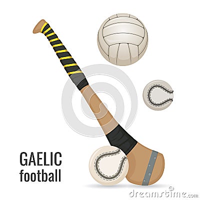 Gaelic football club and balls icon set. Irish football sport equipment. Vector Vector Illustration