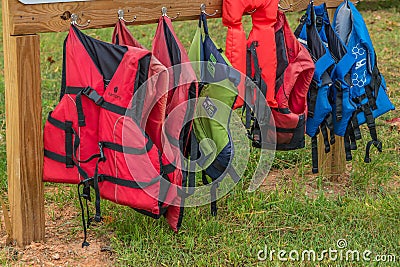 Gainesville, Georgia/USA-10/5/19 Life vests at the Don Carter state park Editorial Stock Photo