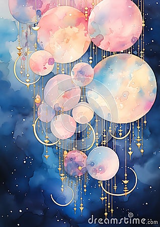 Galactic Dreams: A Colorful Universe of Balloons, Moons, and Man Stock Photo