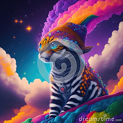 Stellar Whispers: AI-Generated Portraits of a Margay in a Rainbow Cloud Stock Photo