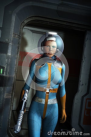 Galactic heroine in a spaceship Cartoon Illustration