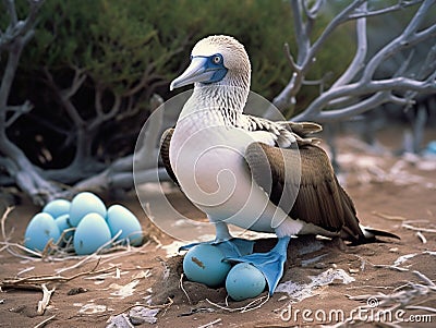 Galapagos Blue Footed Booby and eggs Cartoon Illustration