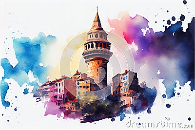 The Galata Tower in Istanbul, Turkey, a historic landmark and popular tourist attraction, generative ai illustration in Cartoon Illustration