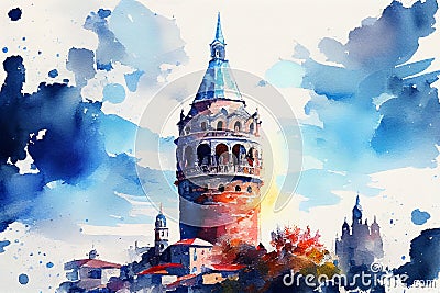 The Galata Tower in Istanbul, Turkey, a historic landmark and popular tourist attraction, generative ai illustration in Cartoon Illustration