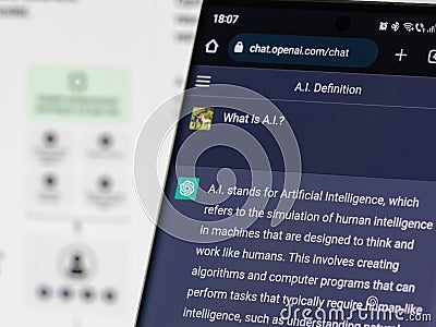 Galati, Romania - February 08, 2023: Webpage of ChatGPT, a prototype AI chatbot developed by OpenAI, on a smartphone screen. Editorial Stock Photo