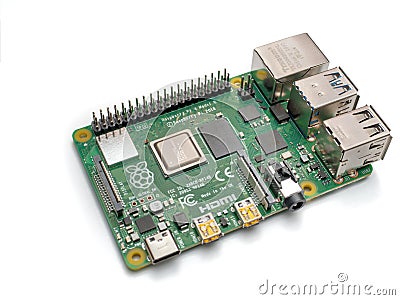 Galati, ROMANIA - March 20, 2020: Close-up of a Raspberry Pi 4 Model-B. The Raspberry Pi is a credit-card-sized single-board Editorial Stock Photo